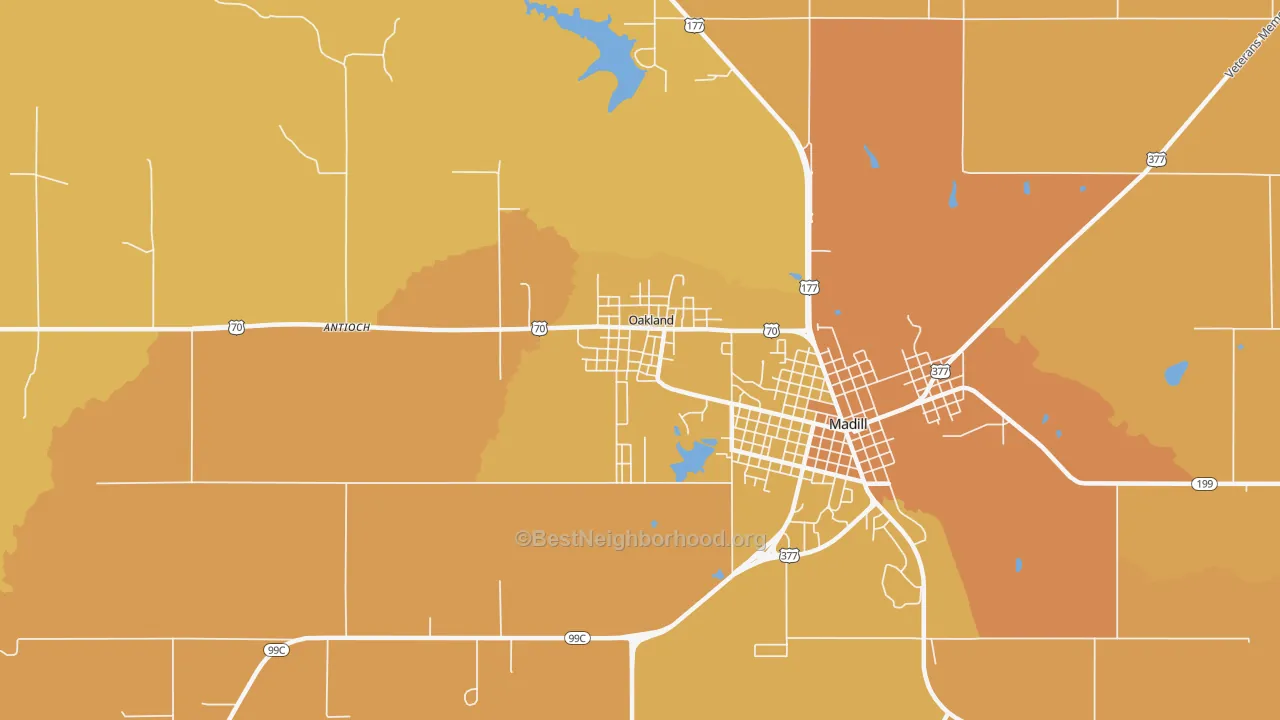 Map of the best neighborhoods in the Oakland area, with better matches in green and worse matches in red
