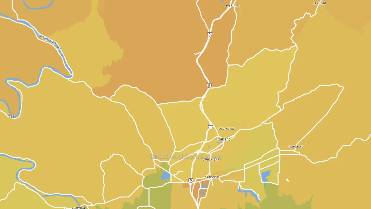 Map of the best neighborhoods in the Oakland area, with better matches in green and worse matches in red