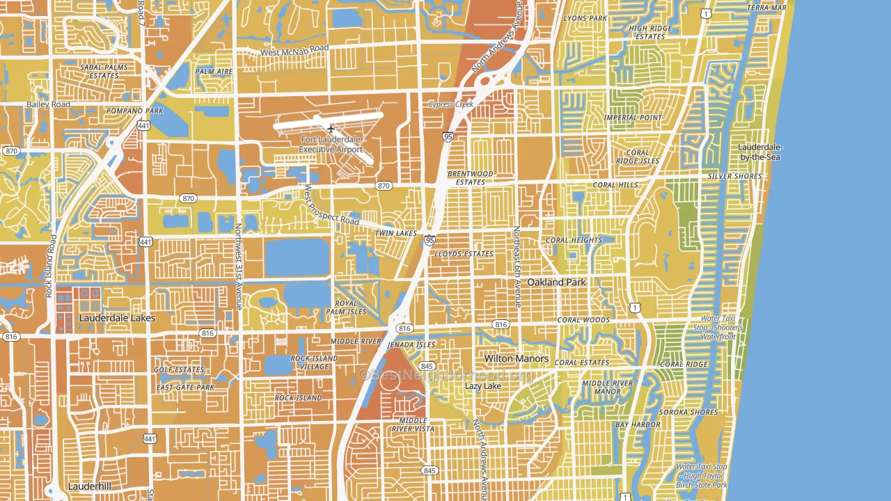 Map of the best neighborhoods in the Oakland Park area, with better matches in green and worse matches in red
