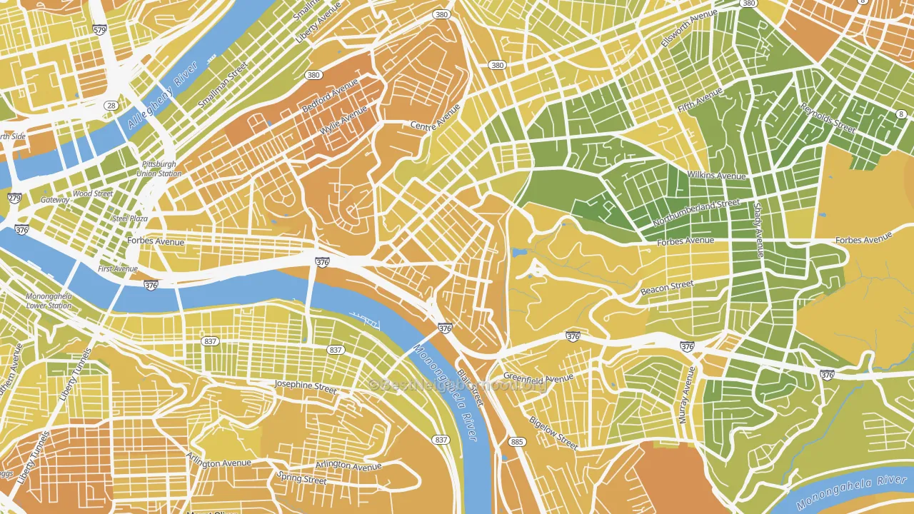 Map of the best neighborhoods in the Oakland, Pittsburgh area, with better matches in green and worse matches in red
