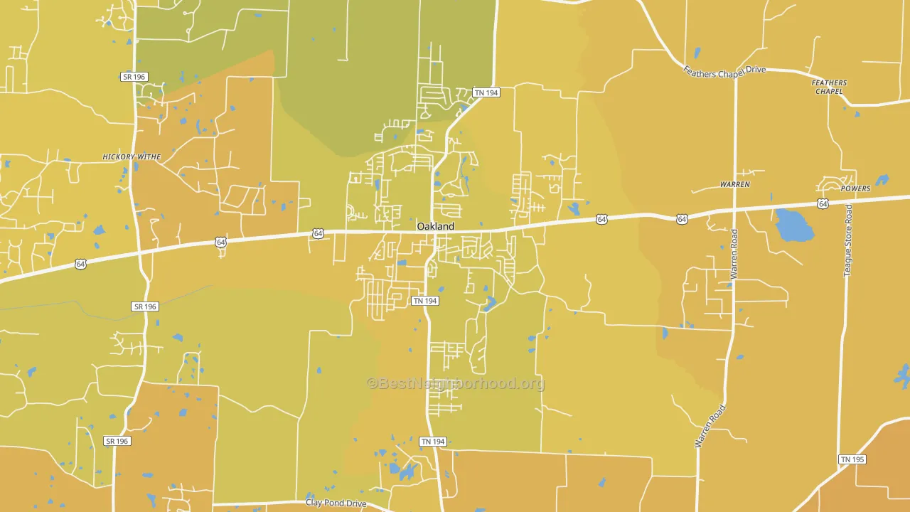 Map of the best neighborhoods in the Oakland area, with better matches in green and worse matches in red