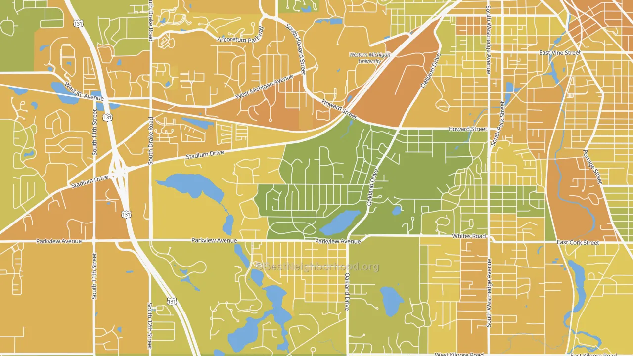 Map of the best neighborhoods in the Oakland-Winchell, Kalamazoo area, with better matches in green and worse matches in red