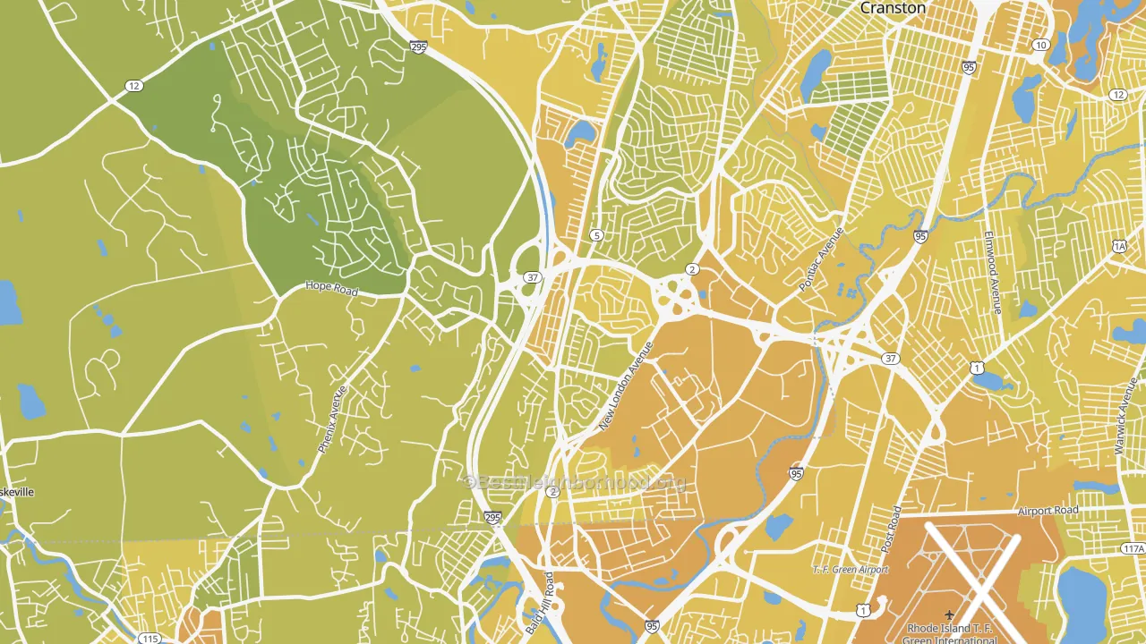 Map of the best neighborhoods in the Oaklawn, Cranston area, with better matches in green and worse matches in red