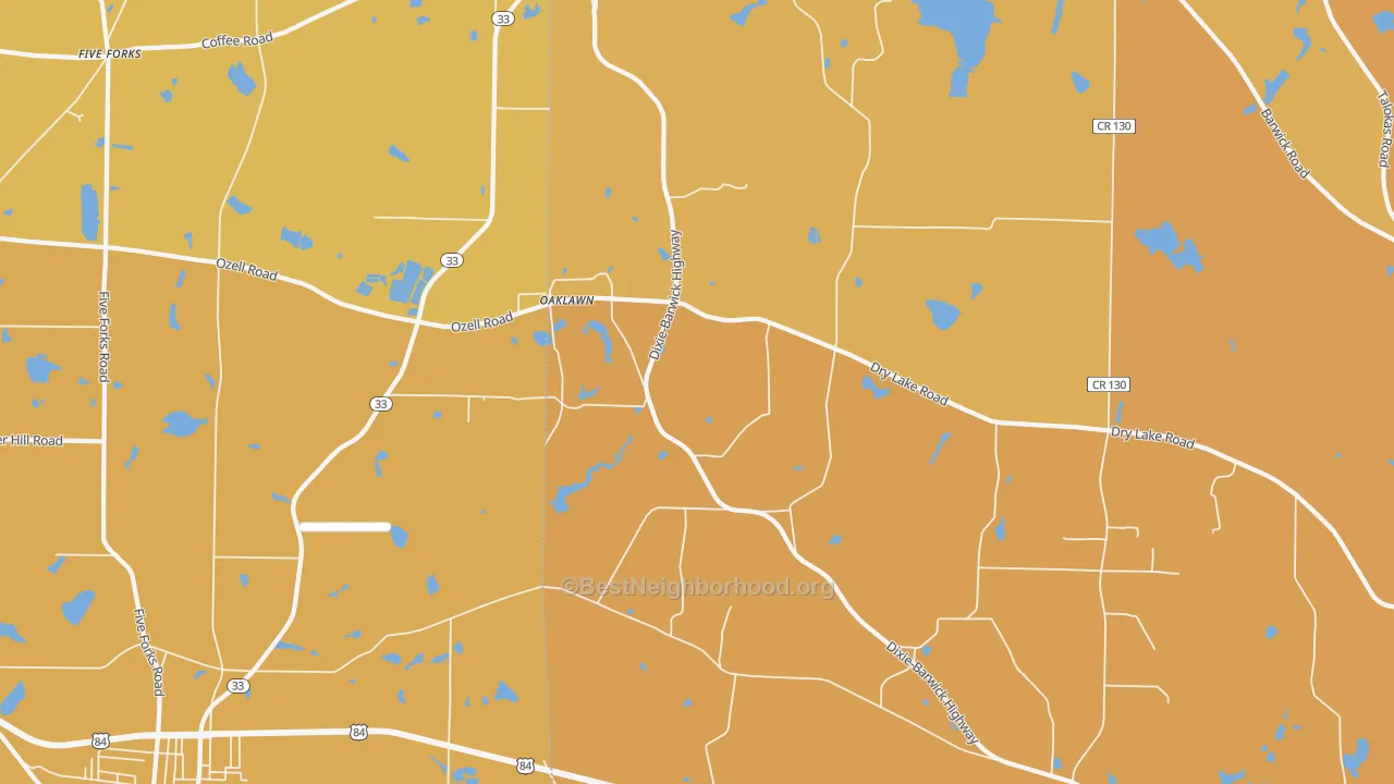 Map of the best neighborhoods in the Oaklawn area, with better matches in green and worse matches in red