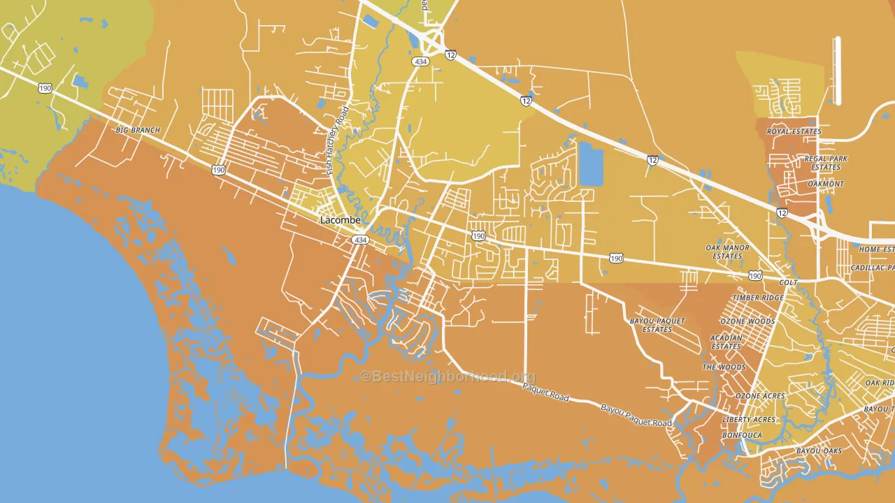 Map of the best neighborhoods in the Oaklawn area, with better matches in green and worse matches in red