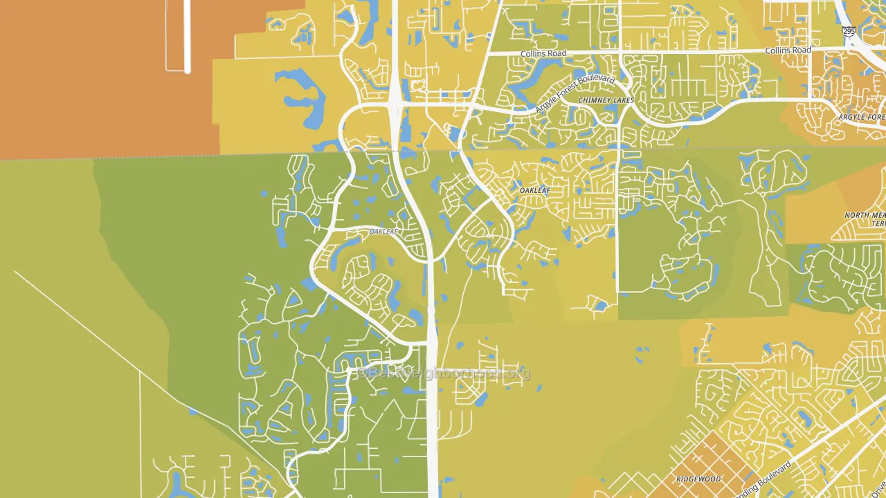 Map of the best neighborhoods in the Oakleaf Plantation area, with better matches in green and worse matches in red