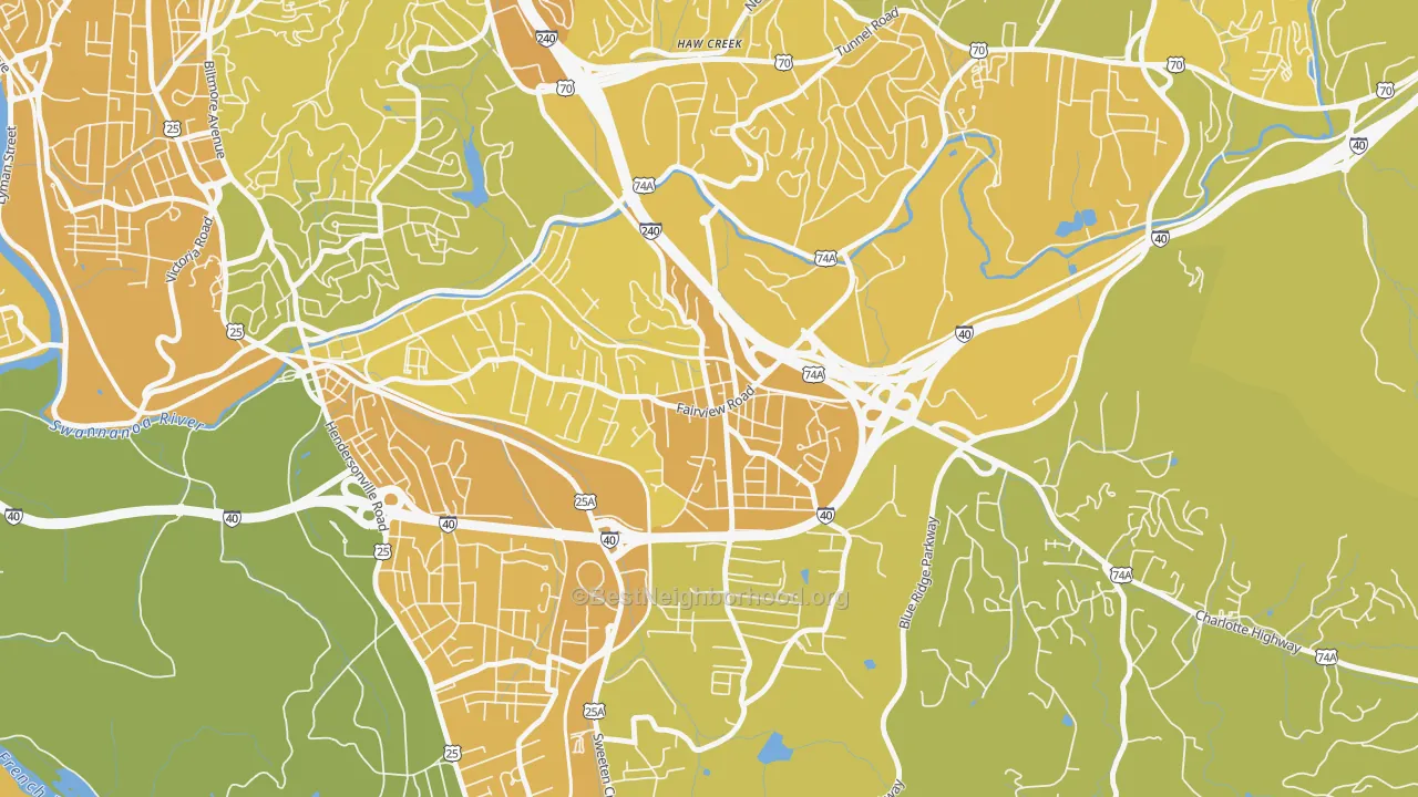 Map of the best neighborhoods in the Oakley, Asheville area, with better matches in green and worse matches in red