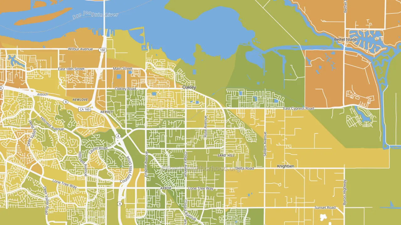 Map of the best neighborhoods in the Oakley area, with better matches in green and worse matches in red