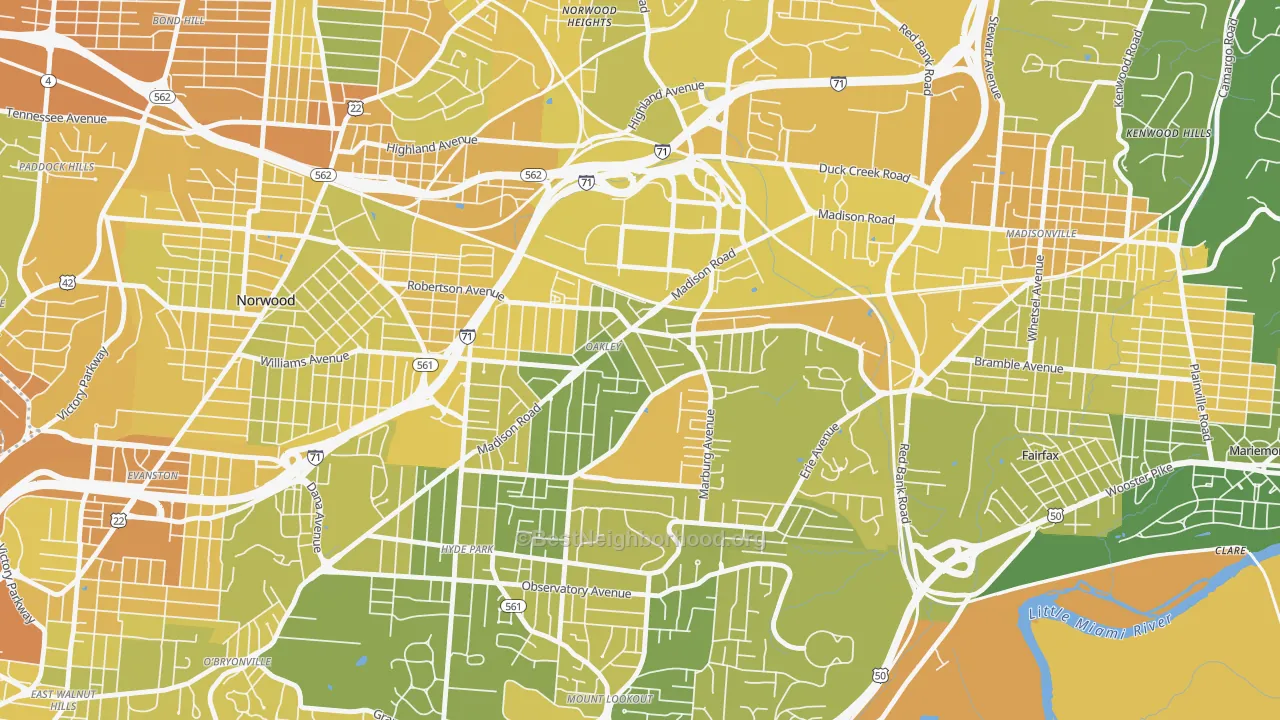 Map of the best neighborhoods in the Oakley, Cincinnati area, with better matches in green and worse matches in red