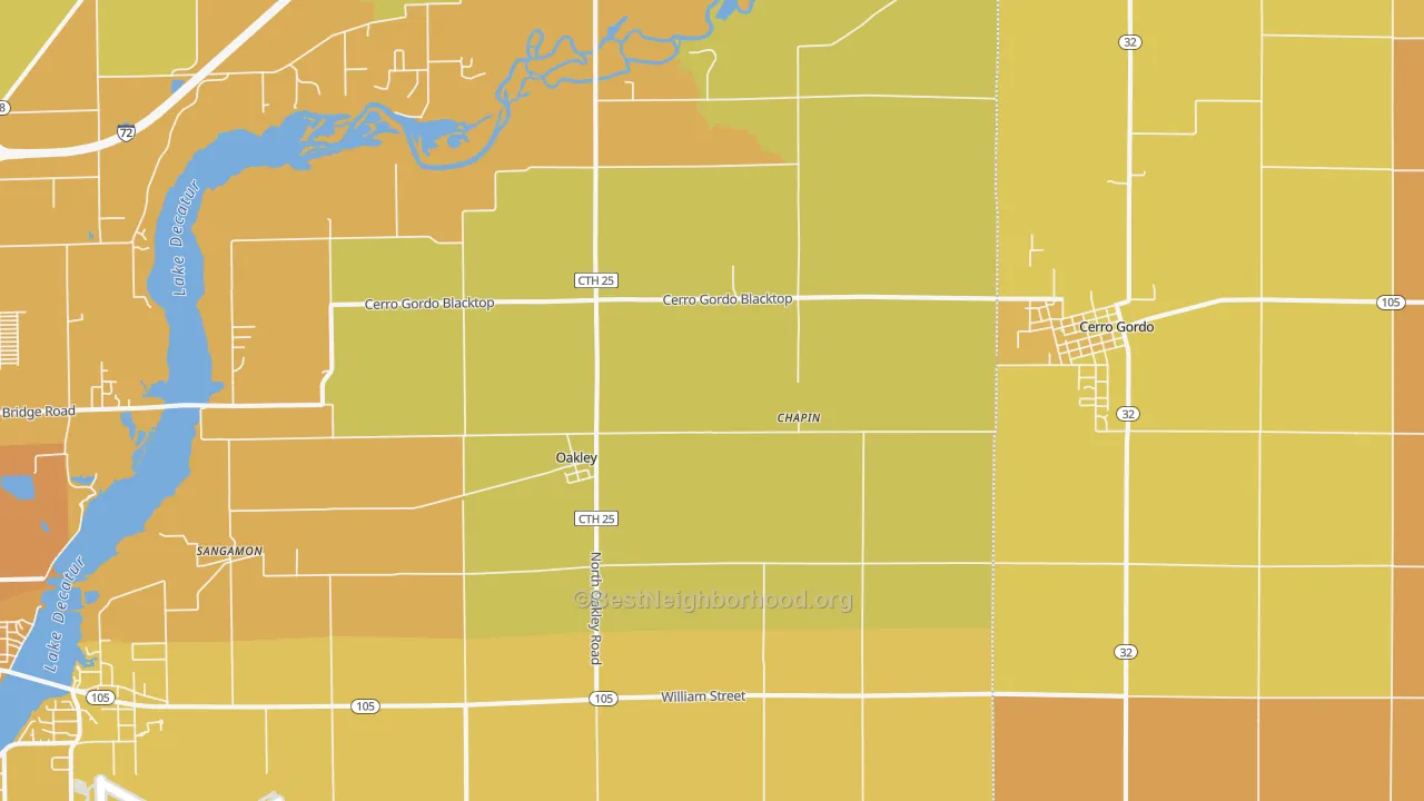 Map of the best neighborhoods in the Oakley area, with better matches in green and worse matches in red