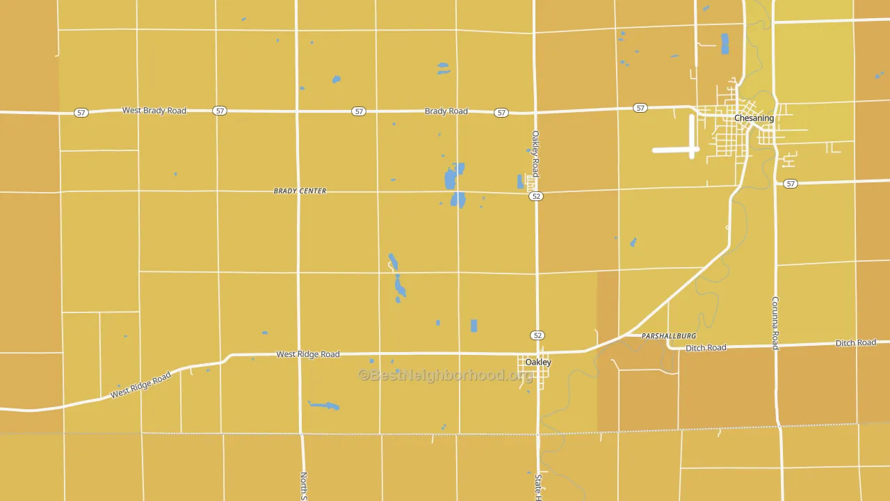 Map of the best neighborhoods in the Oakley area, with better matches in green and worse matches in red