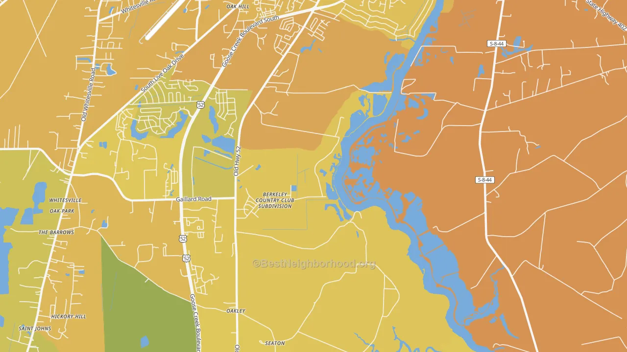 Map of the best neighborhoods in the Oakley area, with better matches in green and worse matches in red