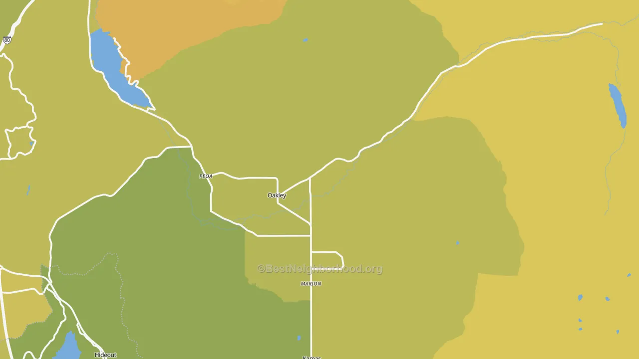 Map of the best neighborhoods in the Oakley area, with better matches in green and worse matches in red