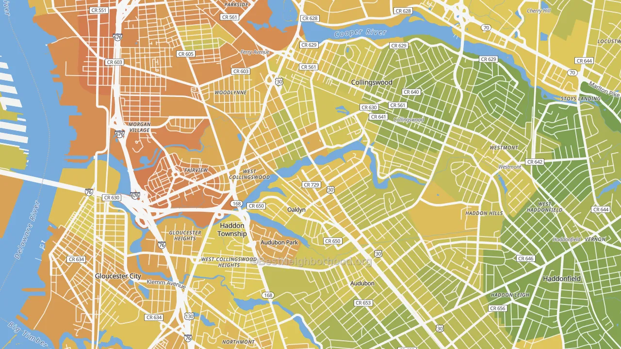Map of the best neighborhoods in the Oaklyn area, with better matches in green and worse matches in red