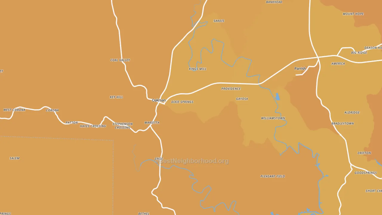 Map of the best neighborhoods in the Oakman area, with better matches in green and worse matches in red