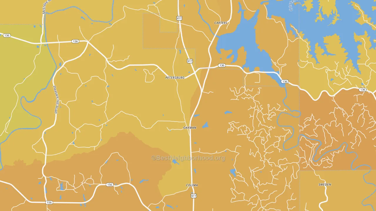 Map of the best neighborhoods in the Oakman area, with better matches in green and worse matches in red