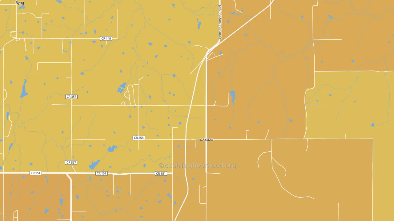 Map of the best neighborhoods in the Oakman area, with better matches in green and worse matches in red