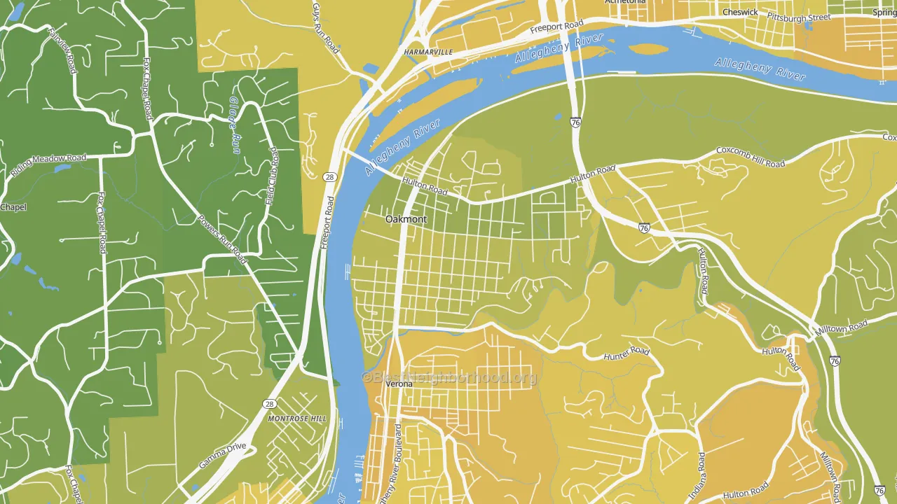 Map of the best neighborhoods in the Oakmont area, with better matches in green and worse matches in red