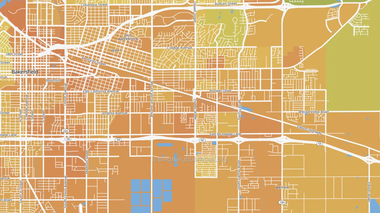 Map of the best neighborhoods in the Oakridge, Bakersfield area, with better matches in green and worse matches in red