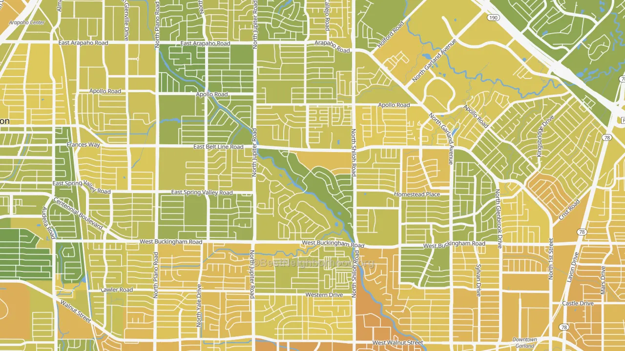 Map of the best neighborhoods in the Oakridge, Garland area, with better matches in green and worse matches in red