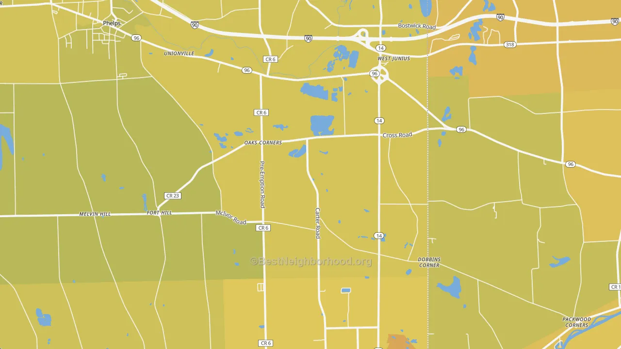 Map of the best neighborhoods in the Oaks Corners area, with better matches in green and worse matches in red