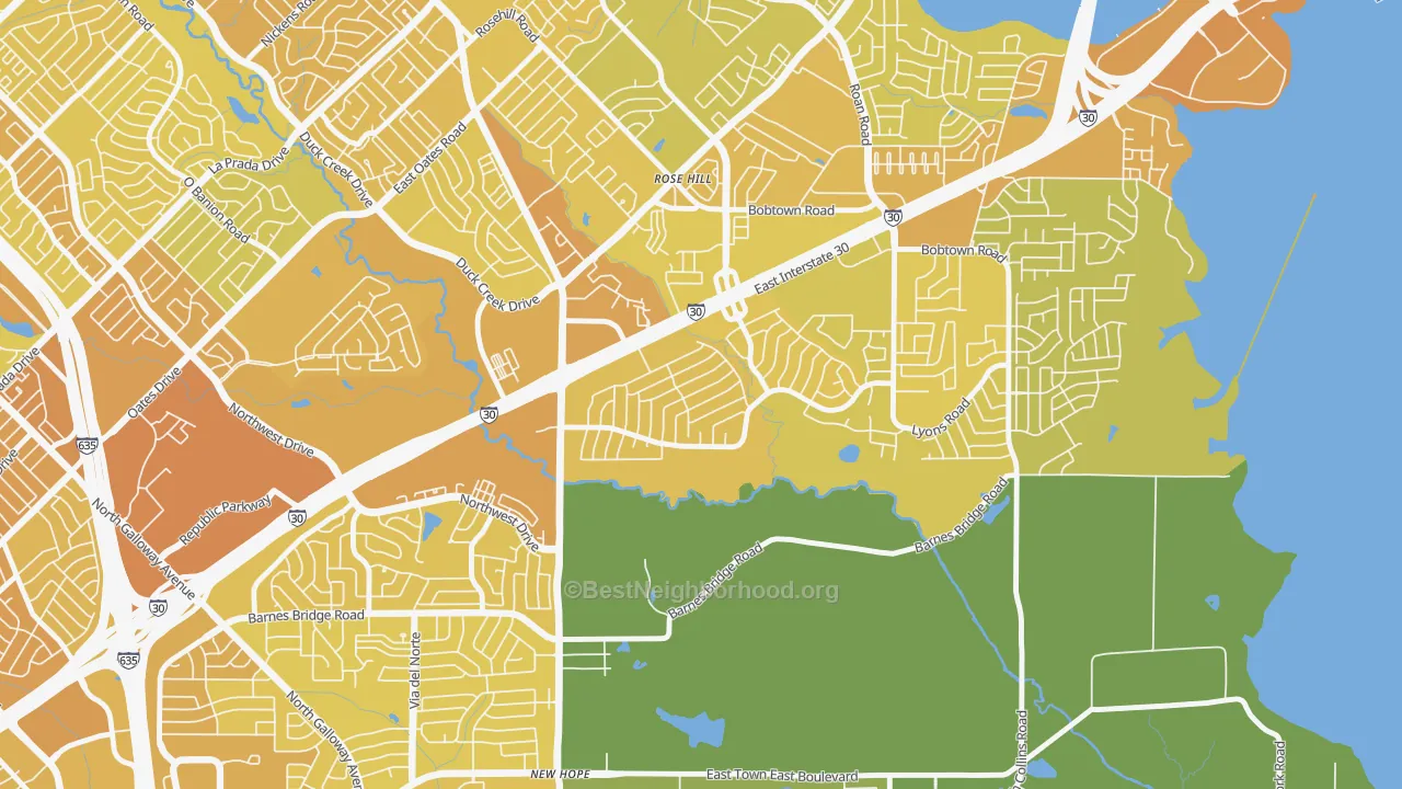 Map of the best neighborhoods in the Oaks, Garland area, with better matches in green and worse matches in red