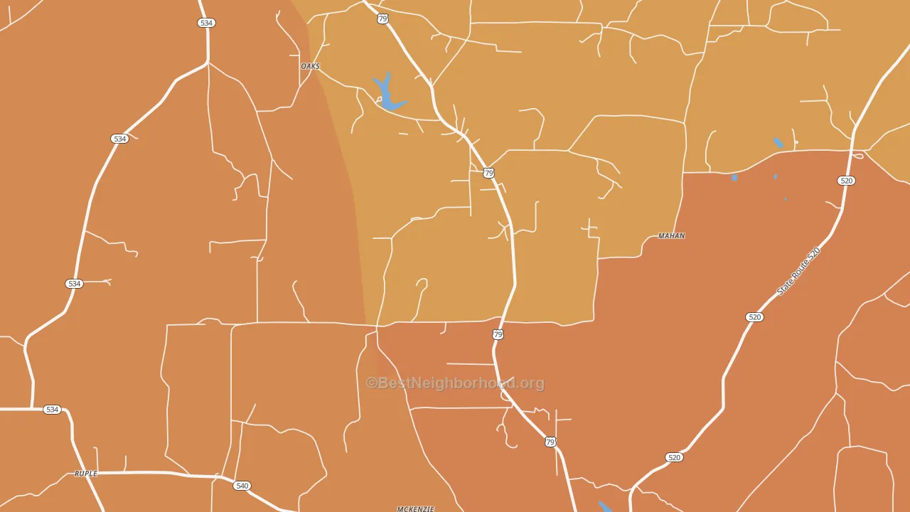 Map of the best neighborhoods in the Oaks area, with better matches in green and worse matches in red