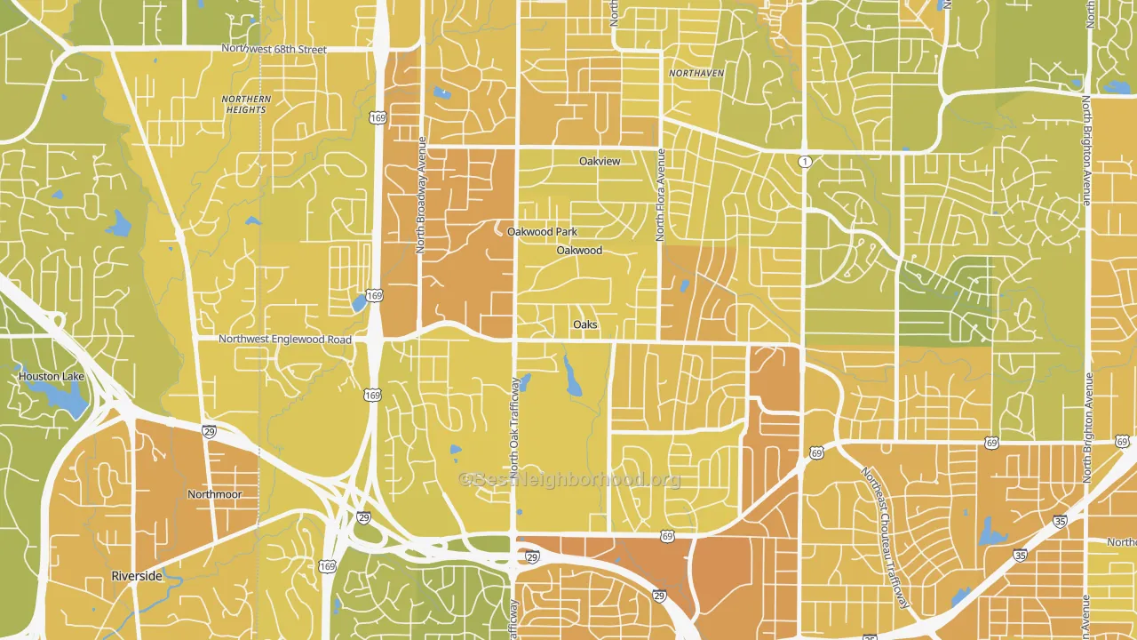 Map of the best neighborhoods in the Oaks area, with better matches in green and worse matches in red
