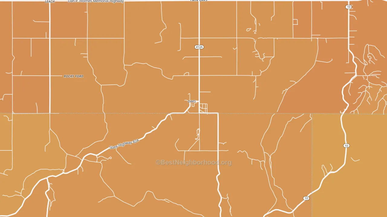 Map of the best neighborhoods in the Oaks area, with better matches in green and worse matches in red