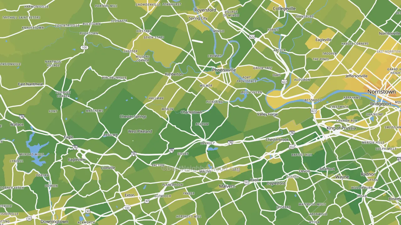 Map of the best neighborhoods in the Oaks area, with better matches in green and worse matches in red