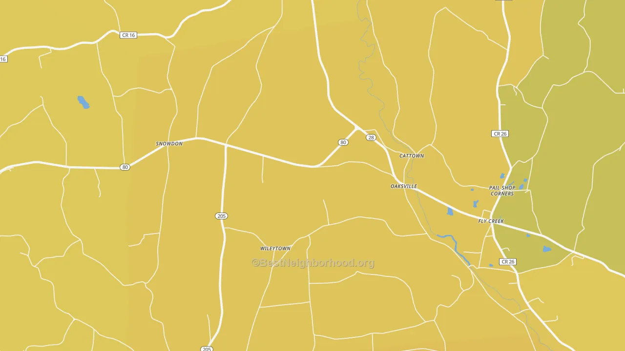 Map of the best neighborhoods in the Oaksville area, with better matches in green and worse matches in red