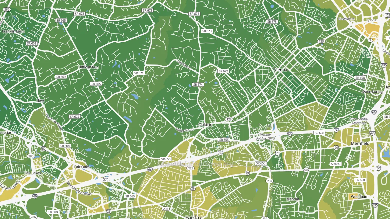 Map of the best neighborhoods in the Oakton area, with better matches in green and worse matches in red