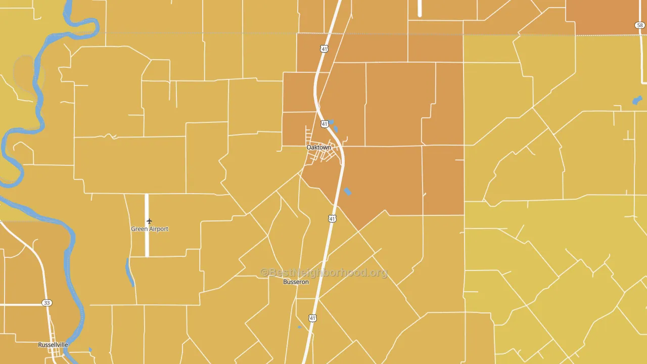 Map of the best neighborhoods in the Oaktown area, with better matches in green and worse matches in red
