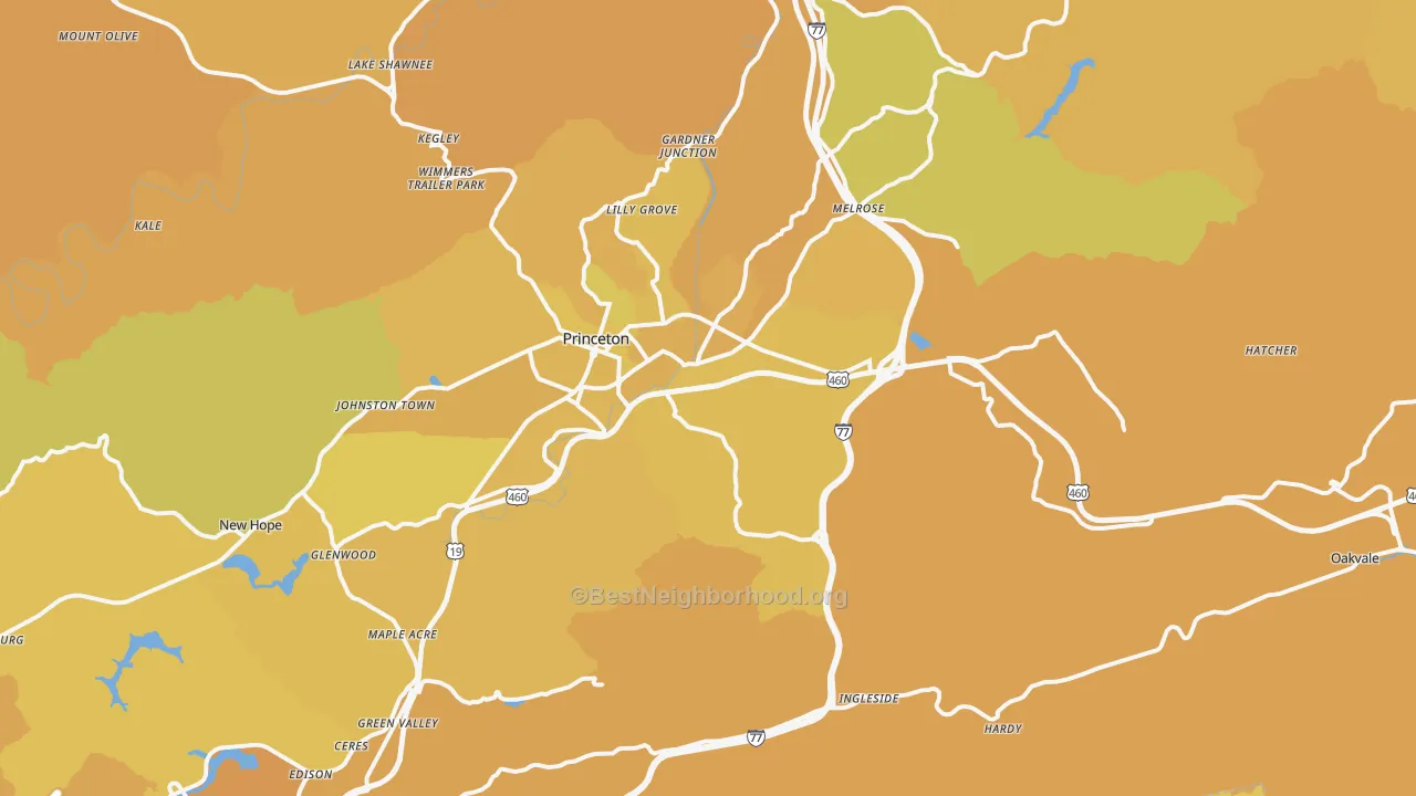 Map of the best neighborhoods in the Oakvale area, with better matches in green and worse matches in red