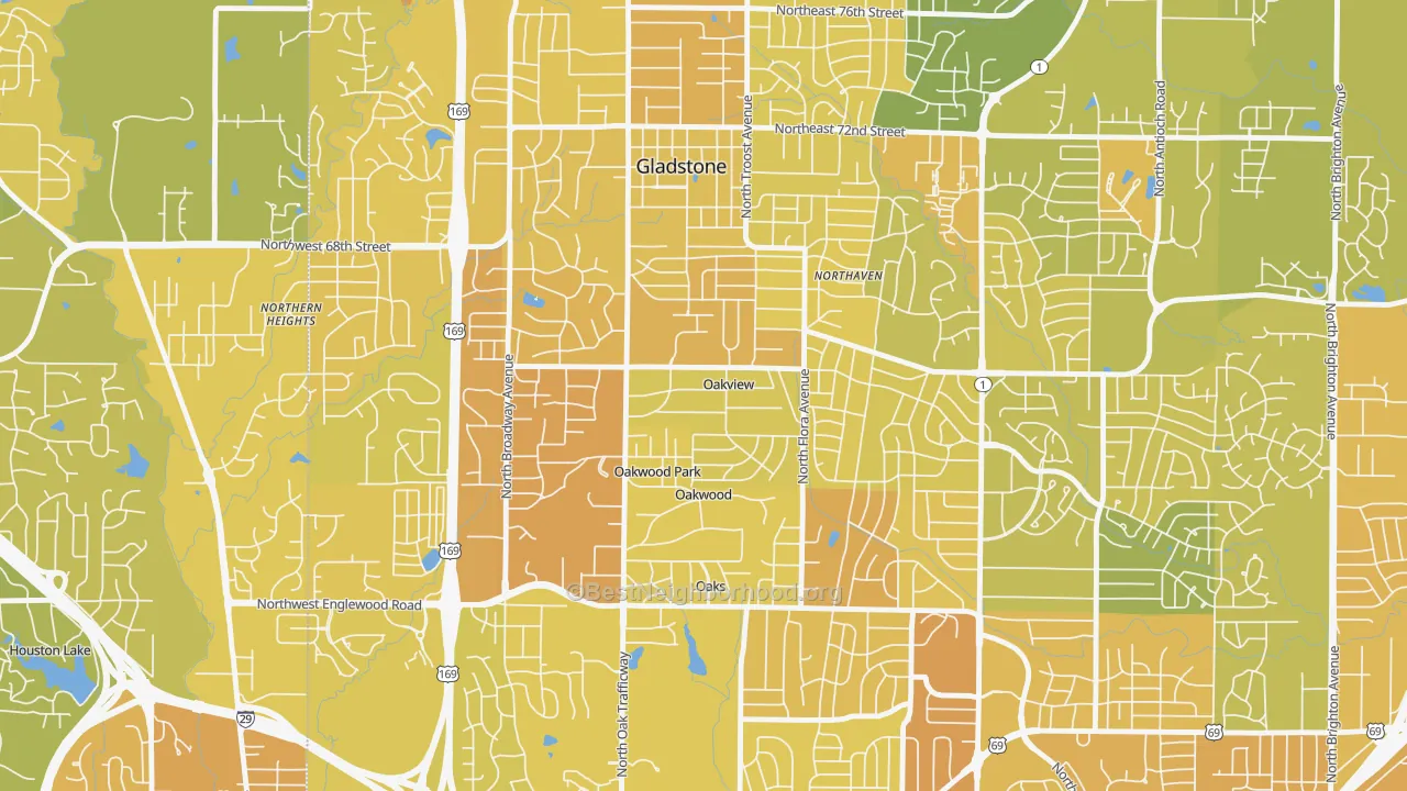 Map of the best neighborhoods in the Oakview area, with better matches in green and worse matches in red
