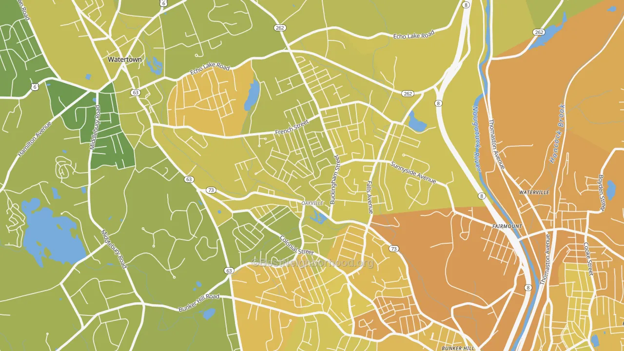 Map of the best neighborhoods in the Oakville area, with better matches in green and worse matches in red
