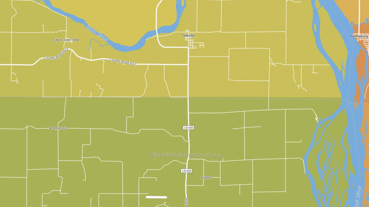 Map of the best neighborhoods in the Oakville area, with better matches in green and worse matches in red