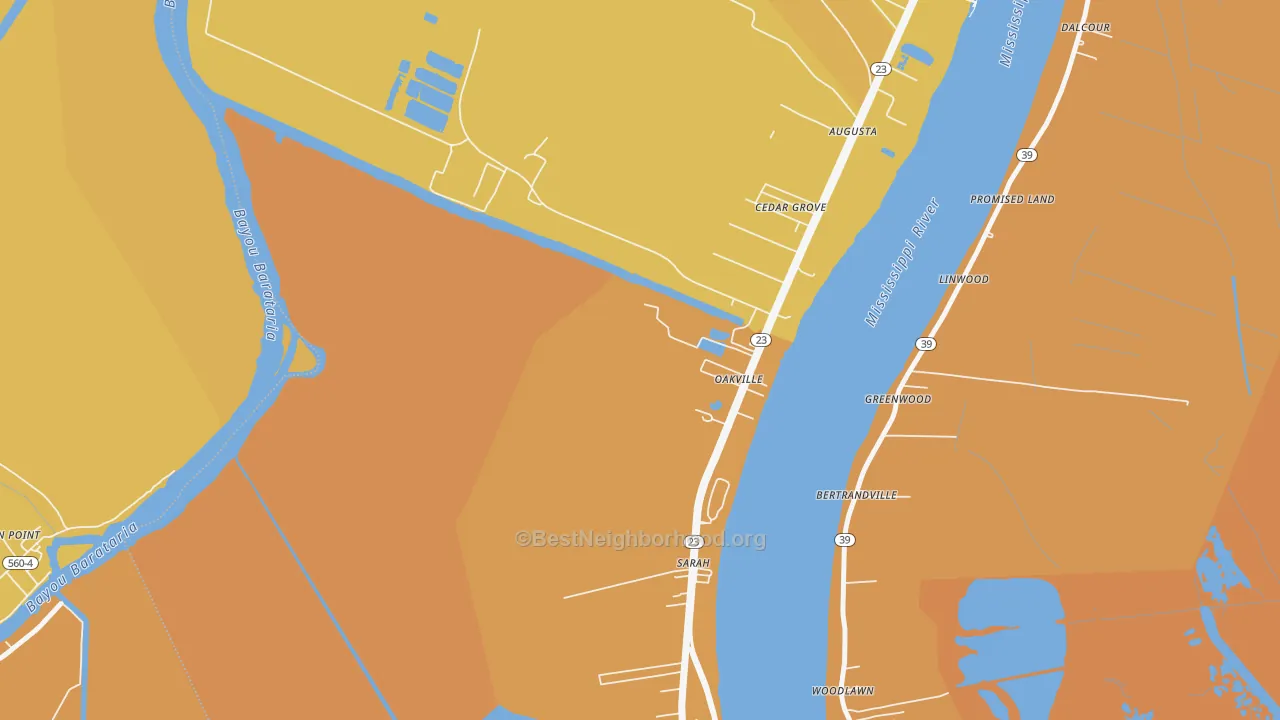 Map of the best neighborhoods in the Oakville area, with better matches in green and worse matches in red