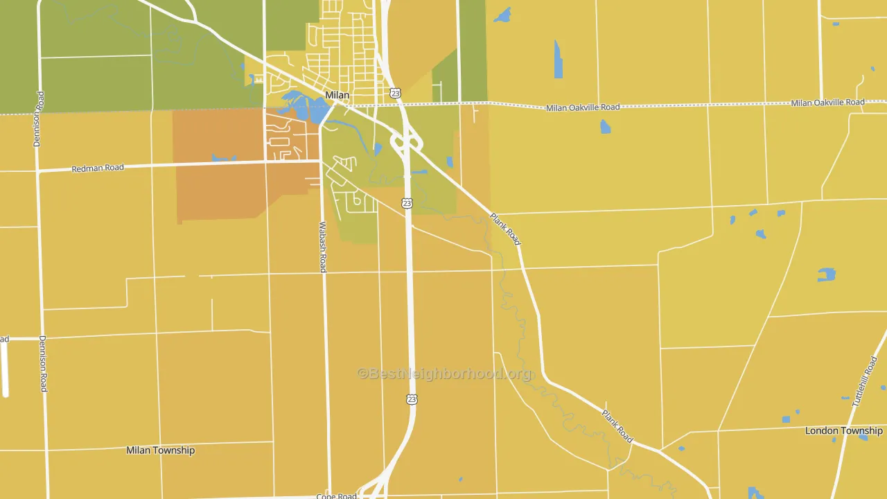 Map of the best neighborhoods in the Oakville area, with better matches in green and worse matches in red