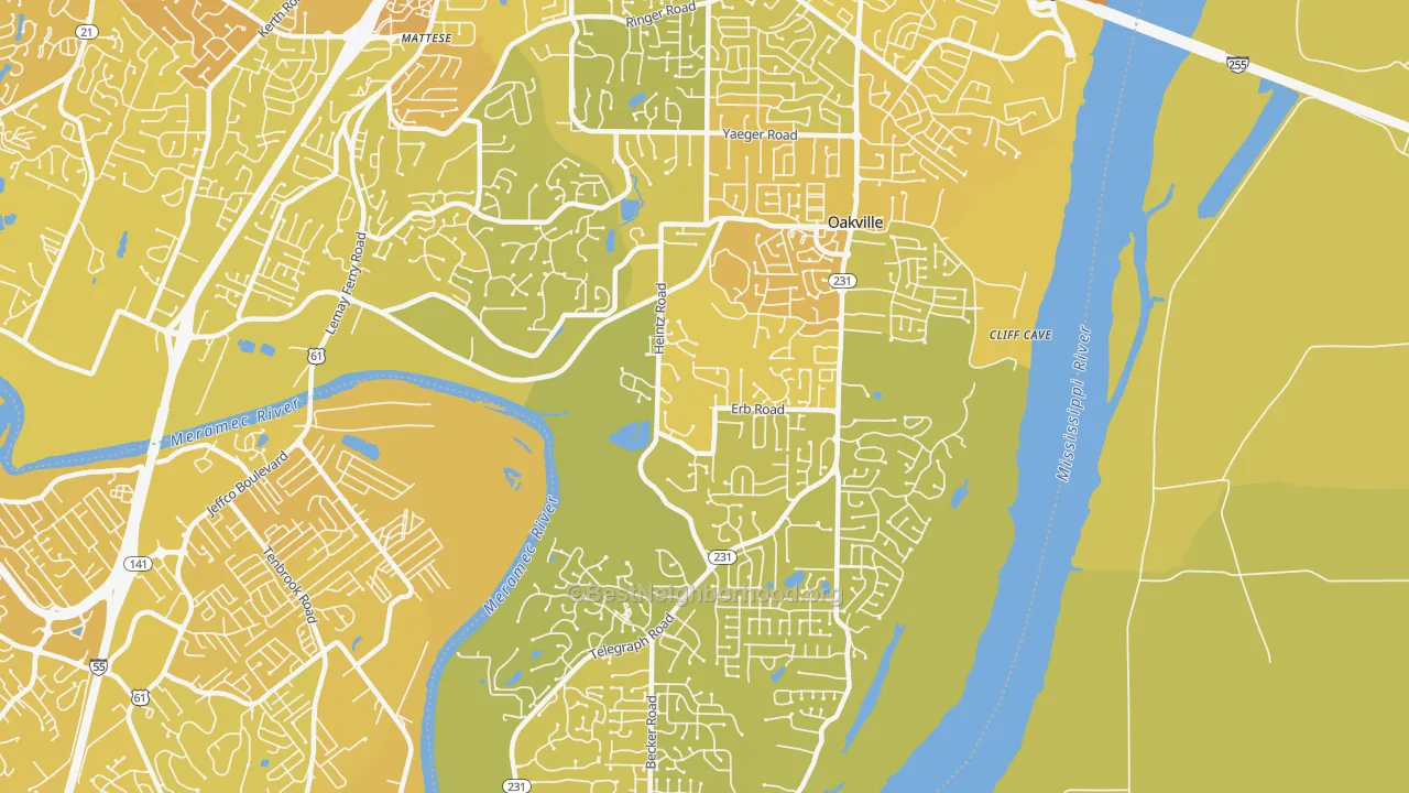 Map of the best neighborhoods in the Oakville area, with better matches in green and worse matches in red