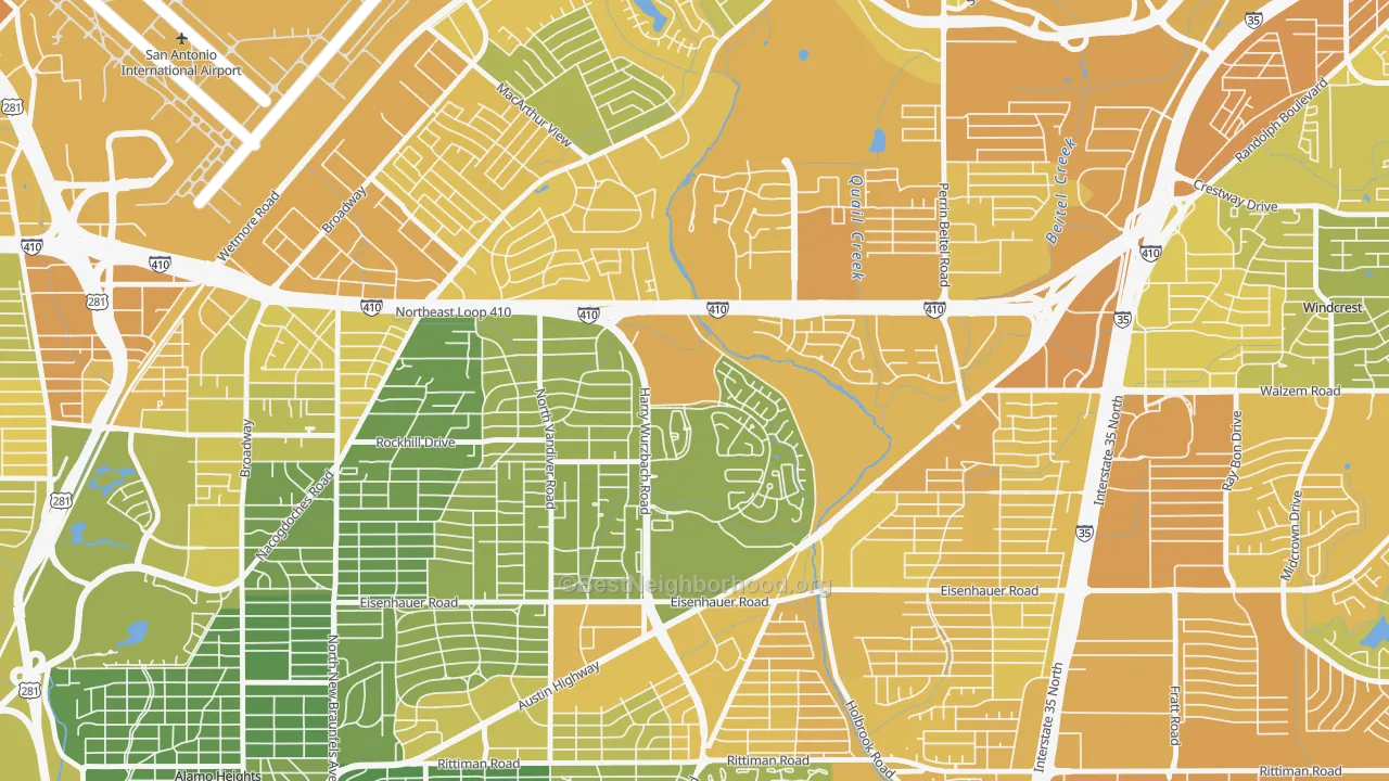 Map of the best neighborhoods in the Oakwell Farms, San Antonio area, with better matches in green and worse matches in red