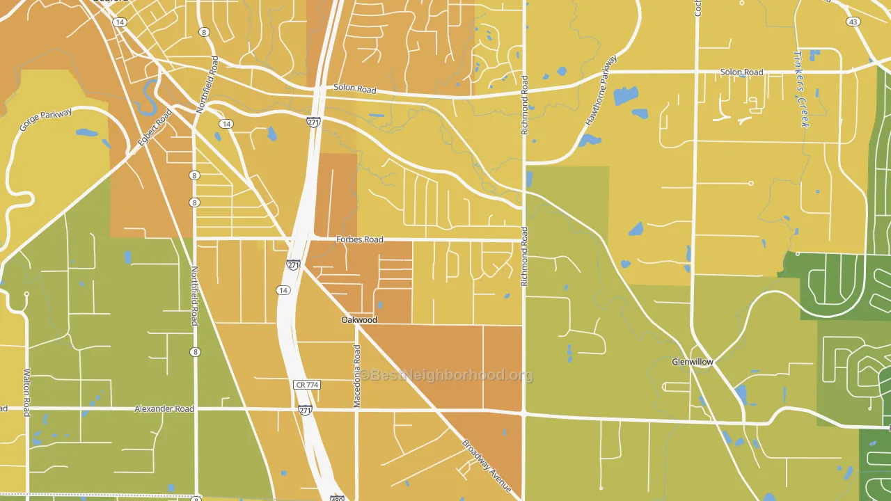 Map of the best neighborhoods in the oakwood, Bedford area, with better matches in green and worse matches in red