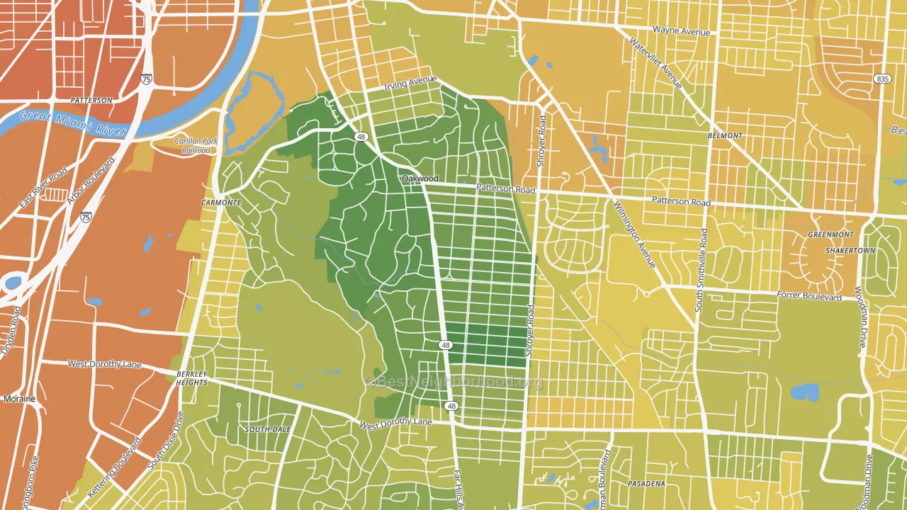 Map of the best neighborhoods in the oakwood, Dayton area, with better matches in green and worse matches in red