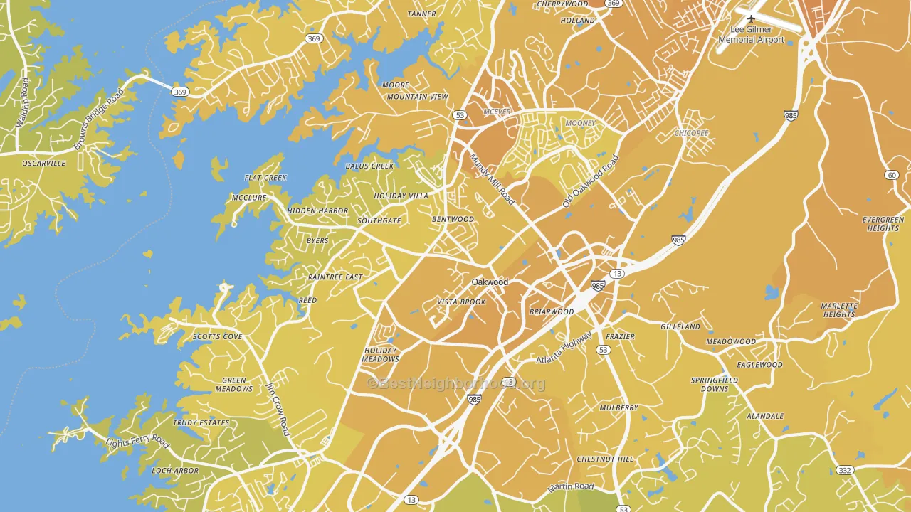 Map of the best neighborhoods in the Oakwood area, with better matches in green and worse matches in red