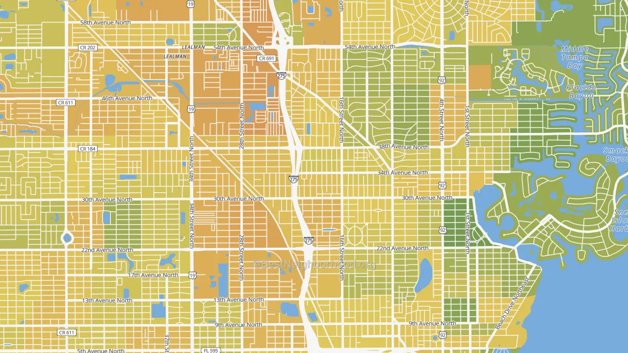 Map of the best neighborhoods in the Oakwood Gardens, St. Petersburg area, with better matches in green and worse matches in red