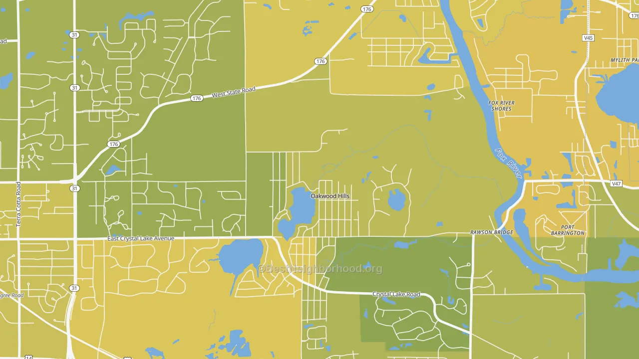 Map of the best neighborhoods in the Oakwood Hills area, with better matches in green and worse matches in red
