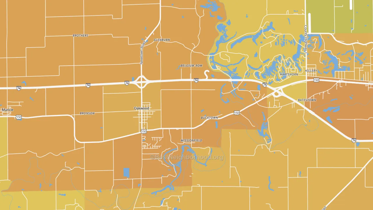 Map of the best neighborhoods in the Oakwood area, with better matches in green and worse matches in red