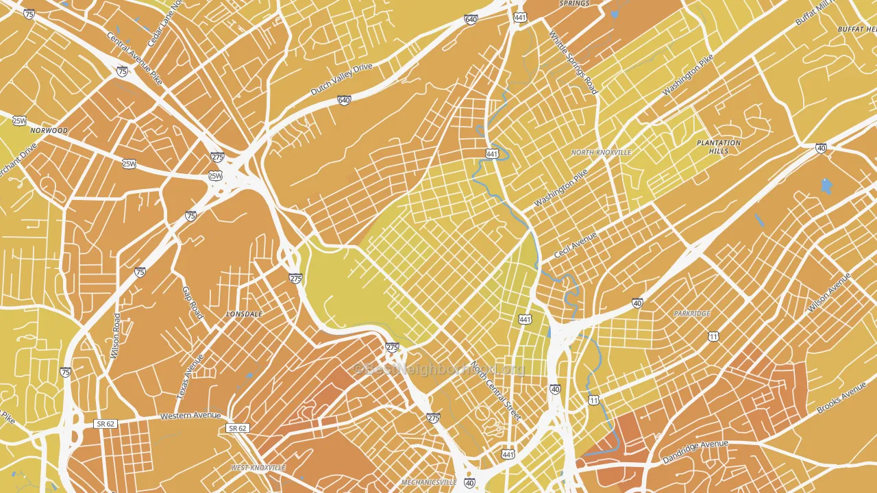 Map of the best neighborhoods in the Oakwood, Knoxville area, with better matches in green and worse matches in red