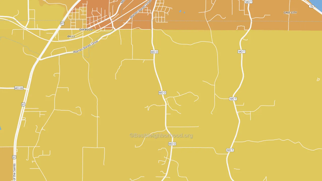 Map of the best neighborhoods in the Oakwood area, with better matches in green and worse matches in red