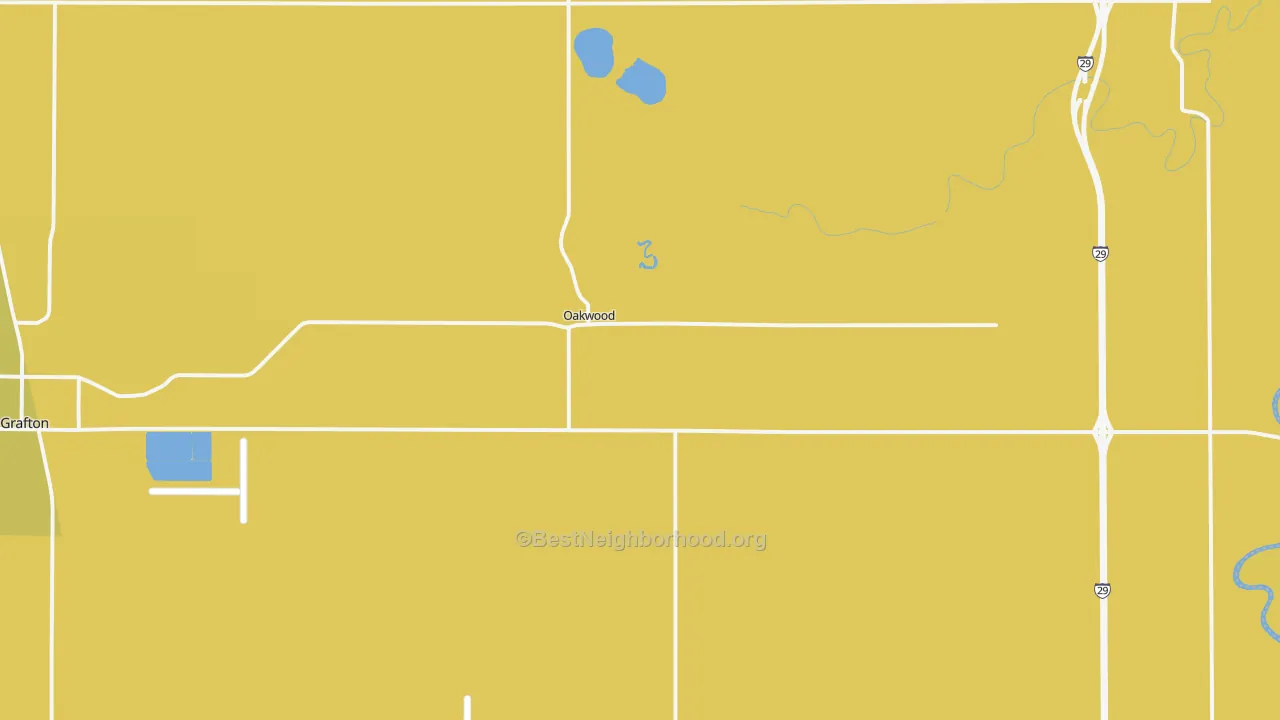 Map of the best neighborhoods in the Oakwood area, with better matches in green and worse matches in red